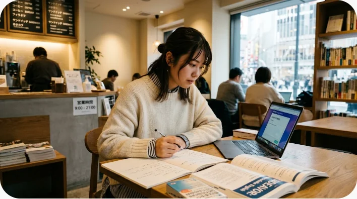 英語話者の講師が日本人学習者にエビを天ぷら衣へくぐらせる方法を示す料理教室