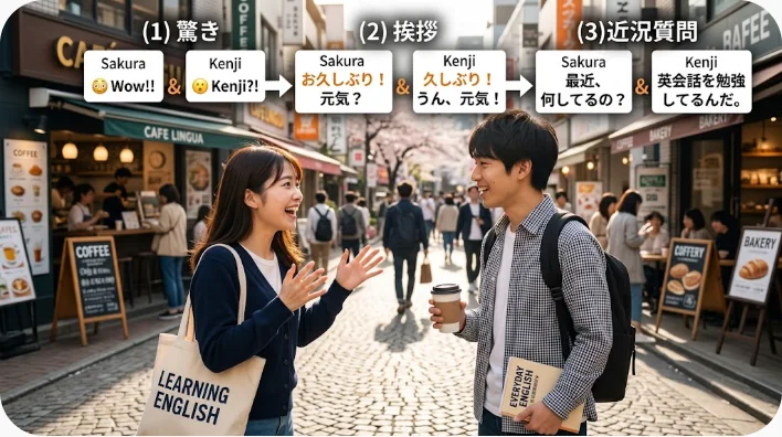 駅の近くで偶然再会して英語で会話を始める大人の知人2人