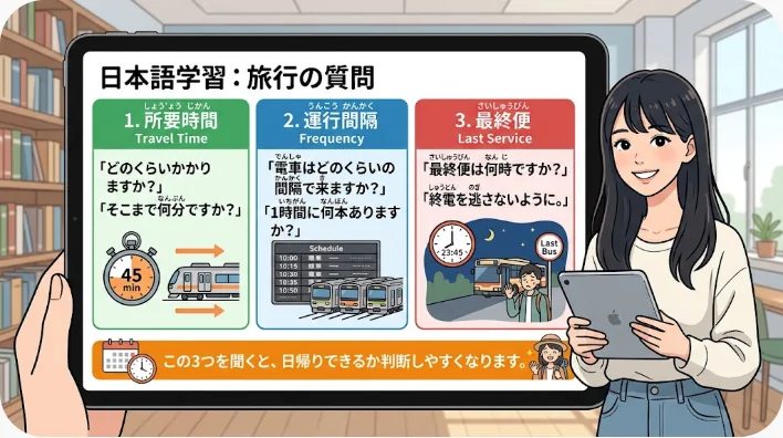 観光案内所で地図を見ながら電車とバスの移動方法を相談する旅行者