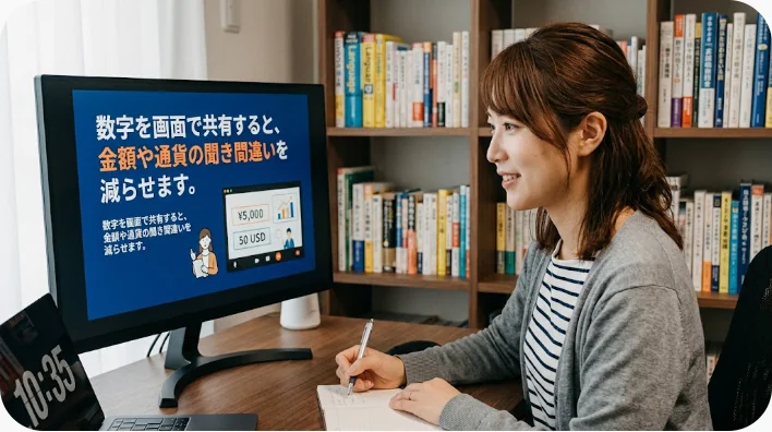 土産物を二つ持った旅行者が店員と電卓で合計価格を確認する場面