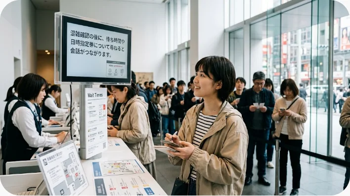美術館の案内カウンターで混雑や待ち時間を係員に尋ねる日本人英語学習者