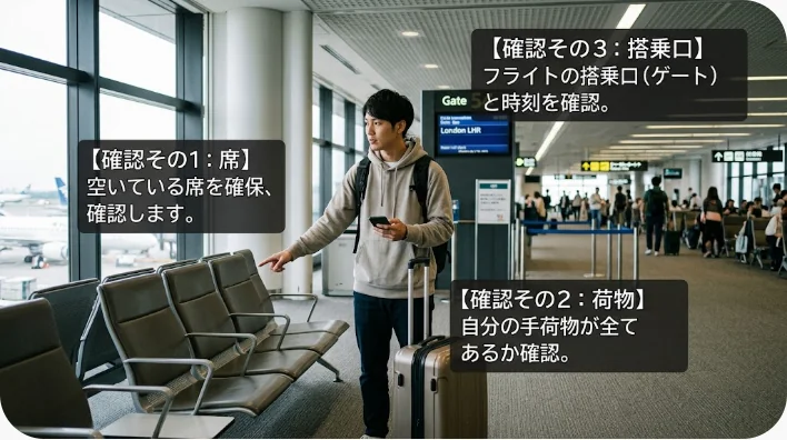 国際空港のカウンターで旅行者が係員に英語で確認している場面