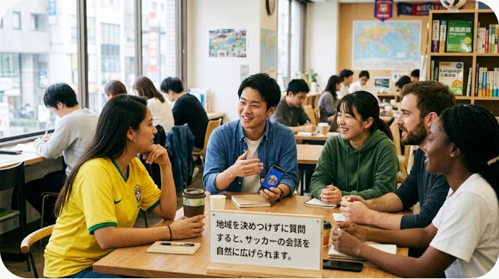 英国のスタジアム近くのカフェで日本人学習者と英国のサポーターが英語で話す様子