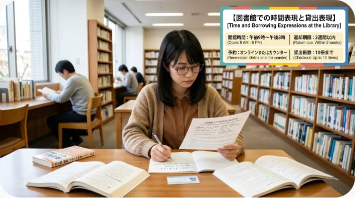 英語圏の公共図書館で日本人学習者が職員に利用方法を尋ねる場面
