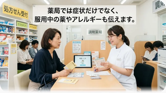 海外の薬局で喉の不調を薬剤師に説明する日本人旅行者