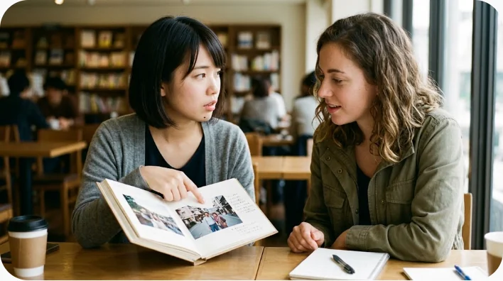 日本人の英語学習者が英語話者の友人たちに家族写真を見せている場面