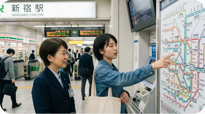 駅員と旅行者が路線図を見ながら目的地とホームを確認している様子
