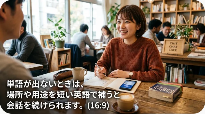 旅行案内所で英単語を思い出しながらスタッフへ質問する日本人旅行者