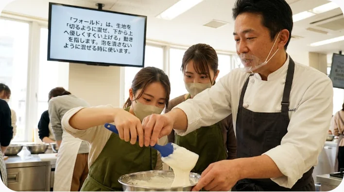 英語の料理教室で講師が卵白をケーキ生地へさっくり混ぜる様子を学習者が見ている場面
