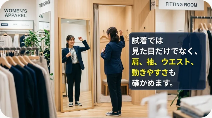 海外の洋服店でコートを試着し全身鏡で確認する日本人旅行者