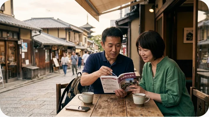 日本人の英語学習者が浅草の商店街付近で海外旅行者に寺院と地域文化を案内している様子