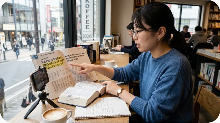 メニュー写真を指しながらオニオン抜きの注文を店員へ伝える英語学習者
