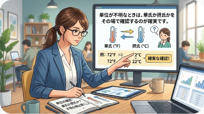 暑い日の街で温度表示を確認しながら英語で会話する学習者と現地の人々