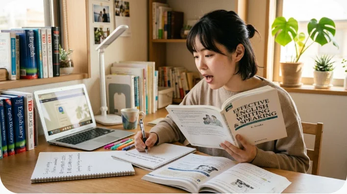 面接役と受験者役に分かれて英検のスピーキング練習をする日本人学習者