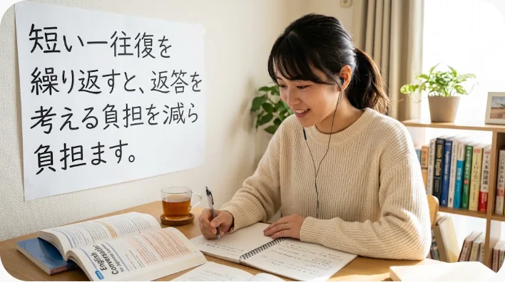 カフェで日本人学習者と英語話者が挨拶の会話練習をする様子