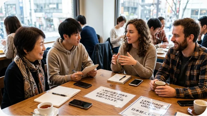 日本人学習者がカフェで家族旅行の写真を見せながら英語で説明している場面