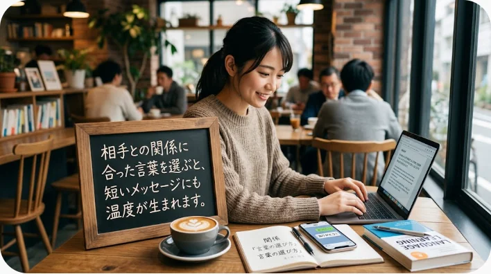 カフェで英語学習者と英語話者が花と小さな贈り物を渡しながら会話する様子