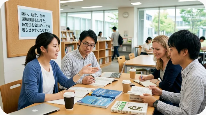 旅行計画を題材に多様な英語話者と仮定法の会話練習をする学習者