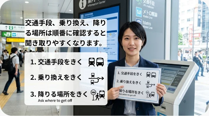 都市の案内カウンターで地図を指しながら係員に交通経路を尋ねる旅行者