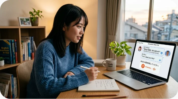 日本人学習者がレストラン店員役にメニューとアレルギーカードを見せながら英語を練習する様子