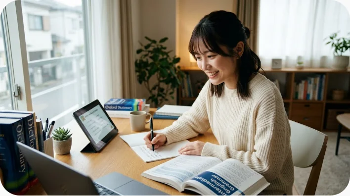 日本のお菓子店で学習者が英語話者に大福と米菓を紹介している会話場面