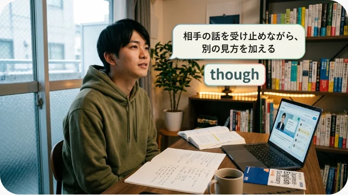 カフェで異なる意見を穏やかに伝え合う英語学習者と英語話者
