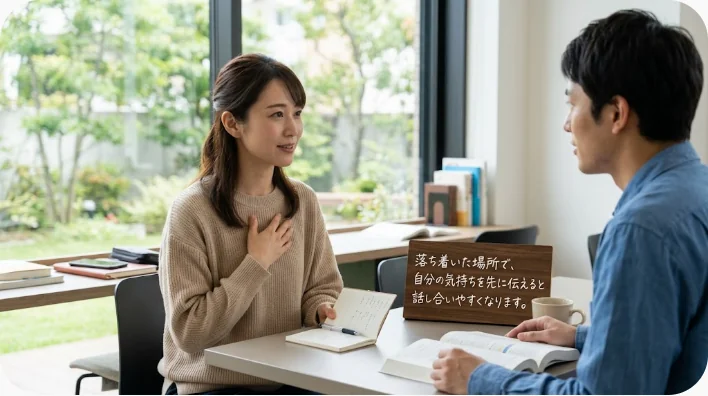 カフェで恋愛関係への希望を穏やかに確認する日本人英語学習者と英語話者
