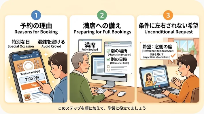 レストランで英語の接続詞を使いながら予約について会話する学習者と店員