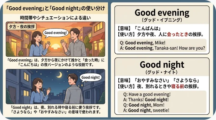 夕方のレストランで来店時と退出時に挨拶する人々を描いた横長画像