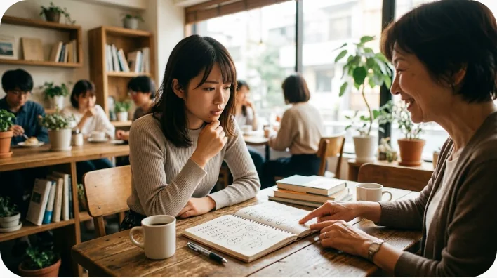 会議メモを見ながら内容を思い出そうとしている文化的背景の異なる二人の同僚
