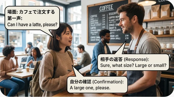 国際的なカフェで日本人学習者が店員と英語で注文を練習する場面
