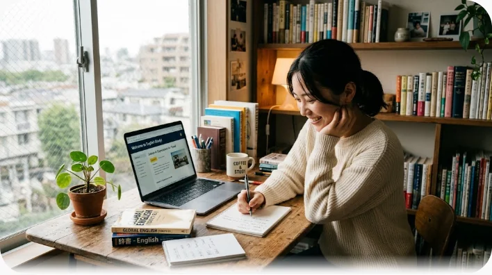 カフェで日本語の三つの表記について英語で会話練習をする二人