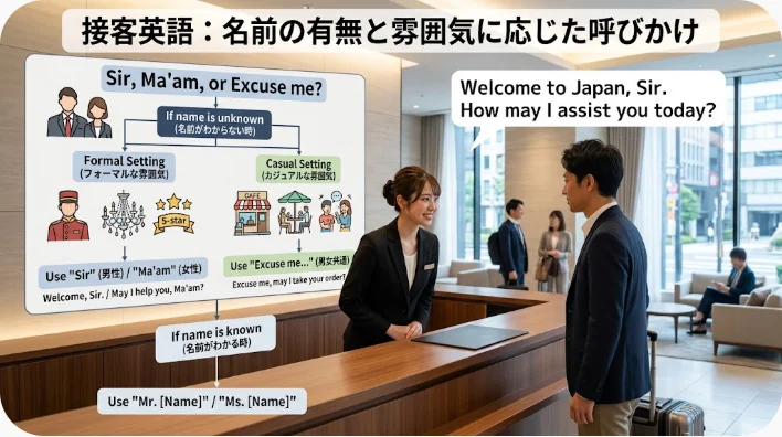 国際的なホテルのロビーで旅行者とスタッフが丁寧に会話している場面