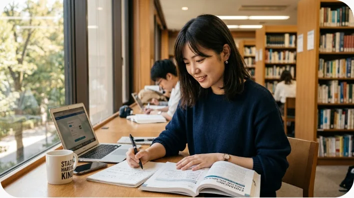 国際鉄道駅の案内カウンターで日本人学習者がスタッフに行き方を確認している場面