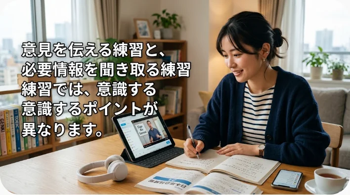 英検の面接受け答えとTOEICの職場アナウンス聞き取りを練習する英語学習者
