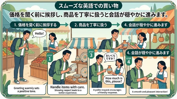 ヤードセールで英語学習者が売り手に陶器のカップの価格を尋ねている様子