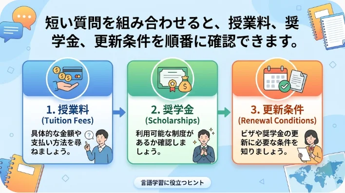 東アジア系の学習者が進路相談室で大学費用について英会話を練習している様子