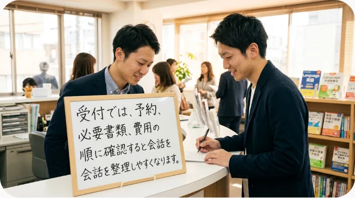 海外の診療所の受付で旅行者が予防接種の予約について尋ねている画像