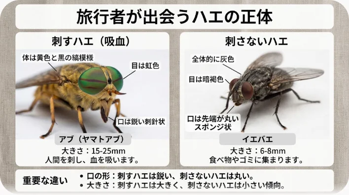 明るいベージュの布の上に止まった灰褐色の小さなハエを近くから撮影した図鑑風の写真