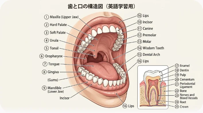 上下の歯列を描いた図解イラストで、前歯から奥歯までの位置関係と指示線が示されている