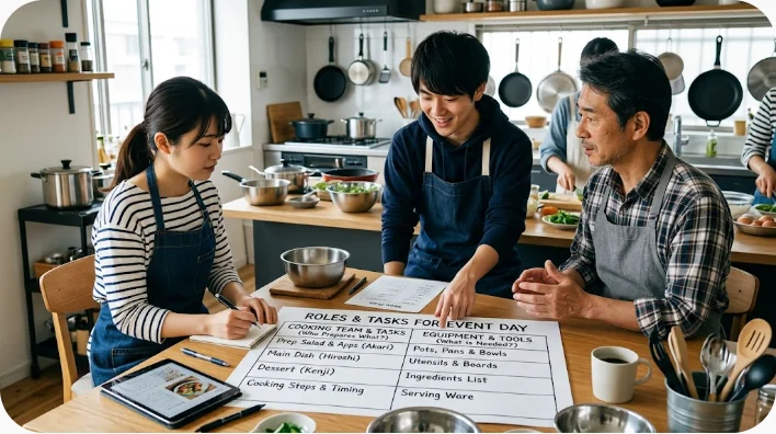 持ち寄りパーティーで日本人学習者が野菜料理を渡し、参加者がワイングラスとコルク抜きを用意している場面