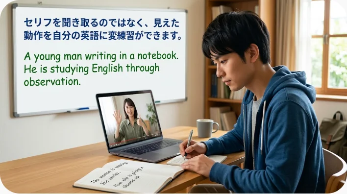 ひつじのストップモーション映像を見ながら英語で動作を説明する学習者と友人