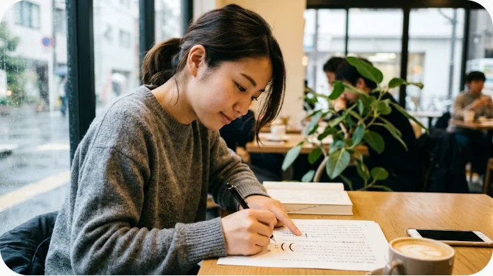 日本人の英語学習者がヘッドホンで演説を聞き原稿に強勢と間を書き込む場面