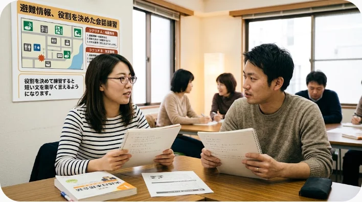 日本人を含む成人英語学習者が地図を見ながら森林火災の英語表現を話し合う教室