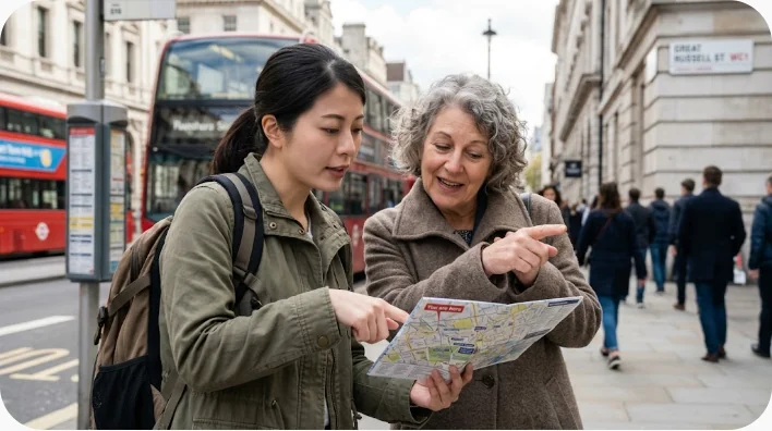 日本人学習者が登山道で地図を示しながら英語で道を尋ねる様子