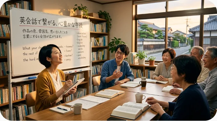 美術館の展示室で現代絵画を見ながら英語で感想を話す二人の成人