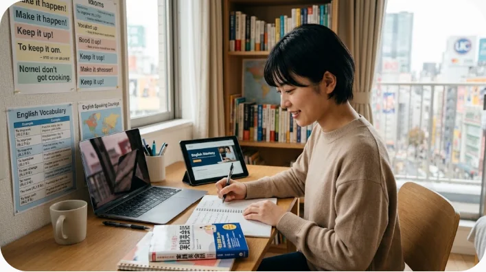 英語学習者と英語話者の友人が自宅で映画を選びながら会話する様子