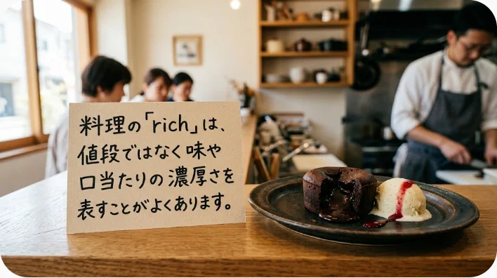 クリームパスタとコーヒーとチョコレートケーキを前に会話する英語学習者の画像