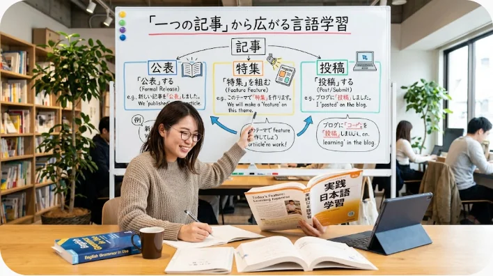 雑誌の記事がWebサイトとSNSへ展開される流れを編集現場で確認する様子