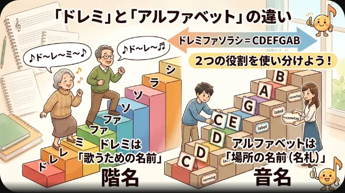 五線の上を階段状に上がる7つの音符に、それぞれアルファベットの文字カードが添えられた音名対応のイラスト